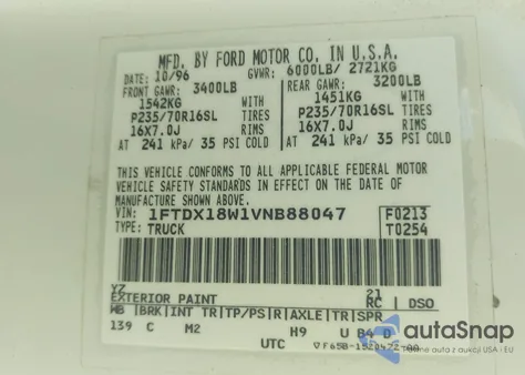 1997 Ford F150 из США, поврежденный, VIN 1FTDX18W1VNB88047